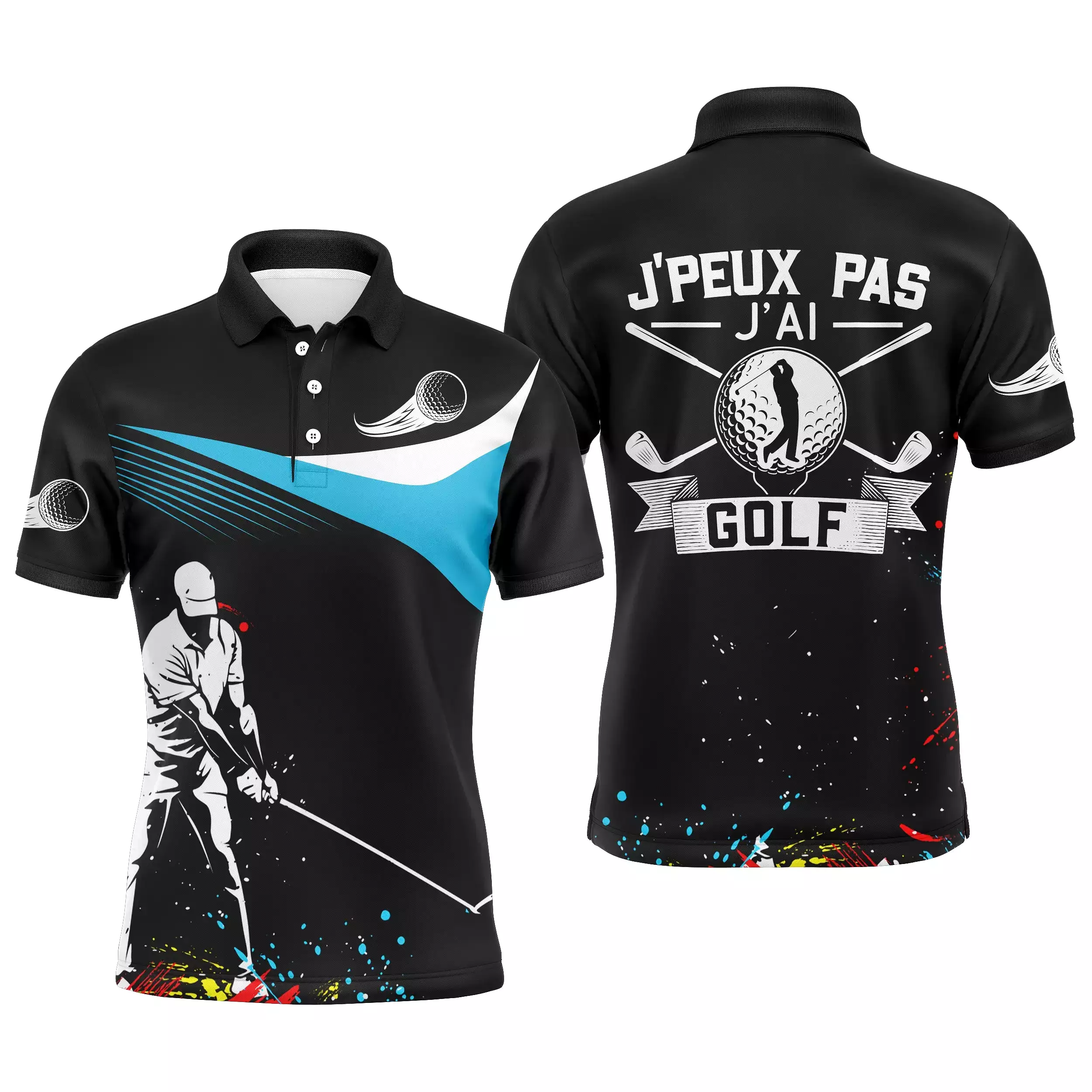 Chiptshirts Polo de Golf, Polo de Sport Manches Longues Homme Femme, Noir et Bleu Ciel, Motif Balle de Golf, Golfeur, Golfeuse, 