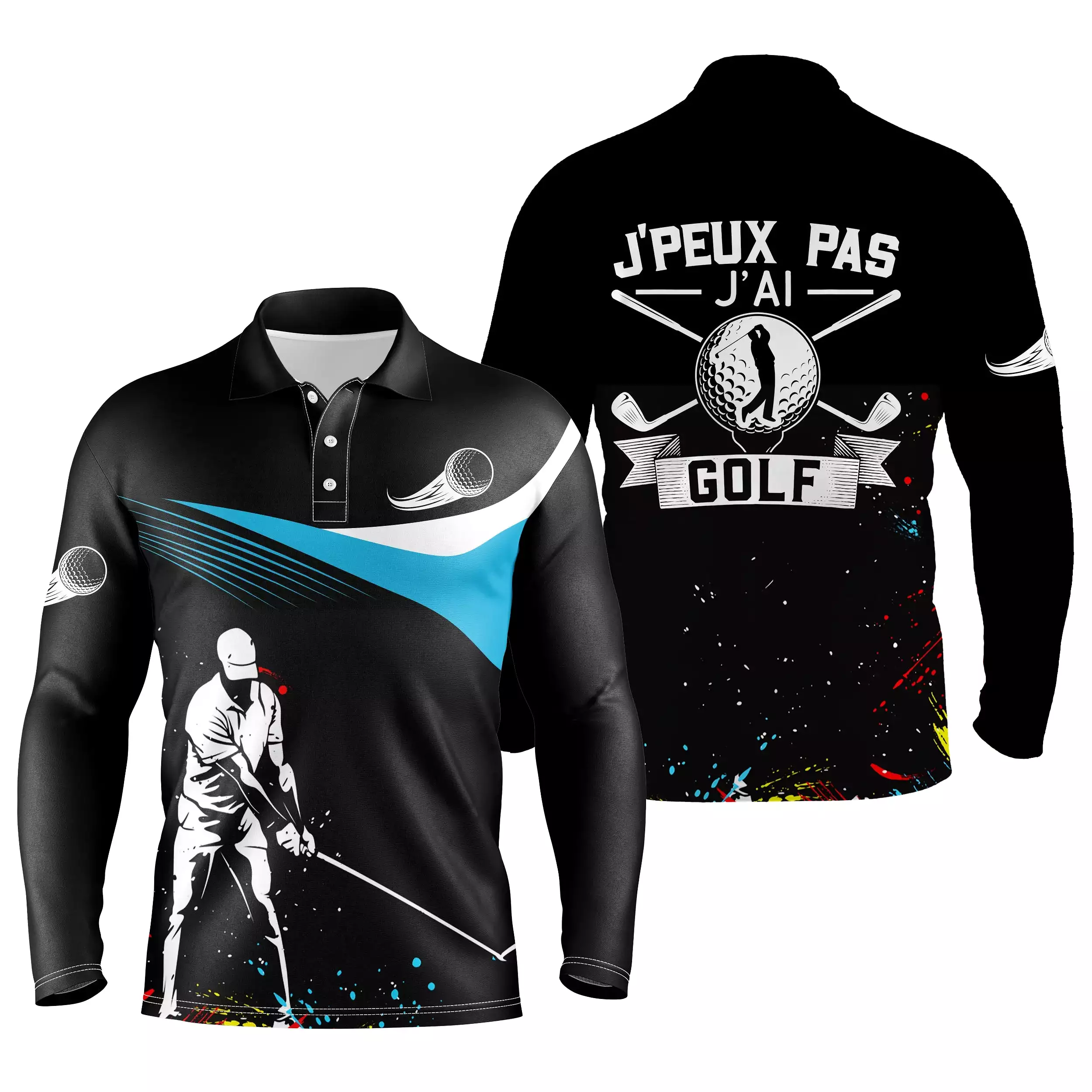 Chiptshirts Polo de Golf, Polo de Sport Manches Longues Homme Femme, Noir et Bleu Ciel, Motif Balle de Golf, Golfeur, Golfeuse, 