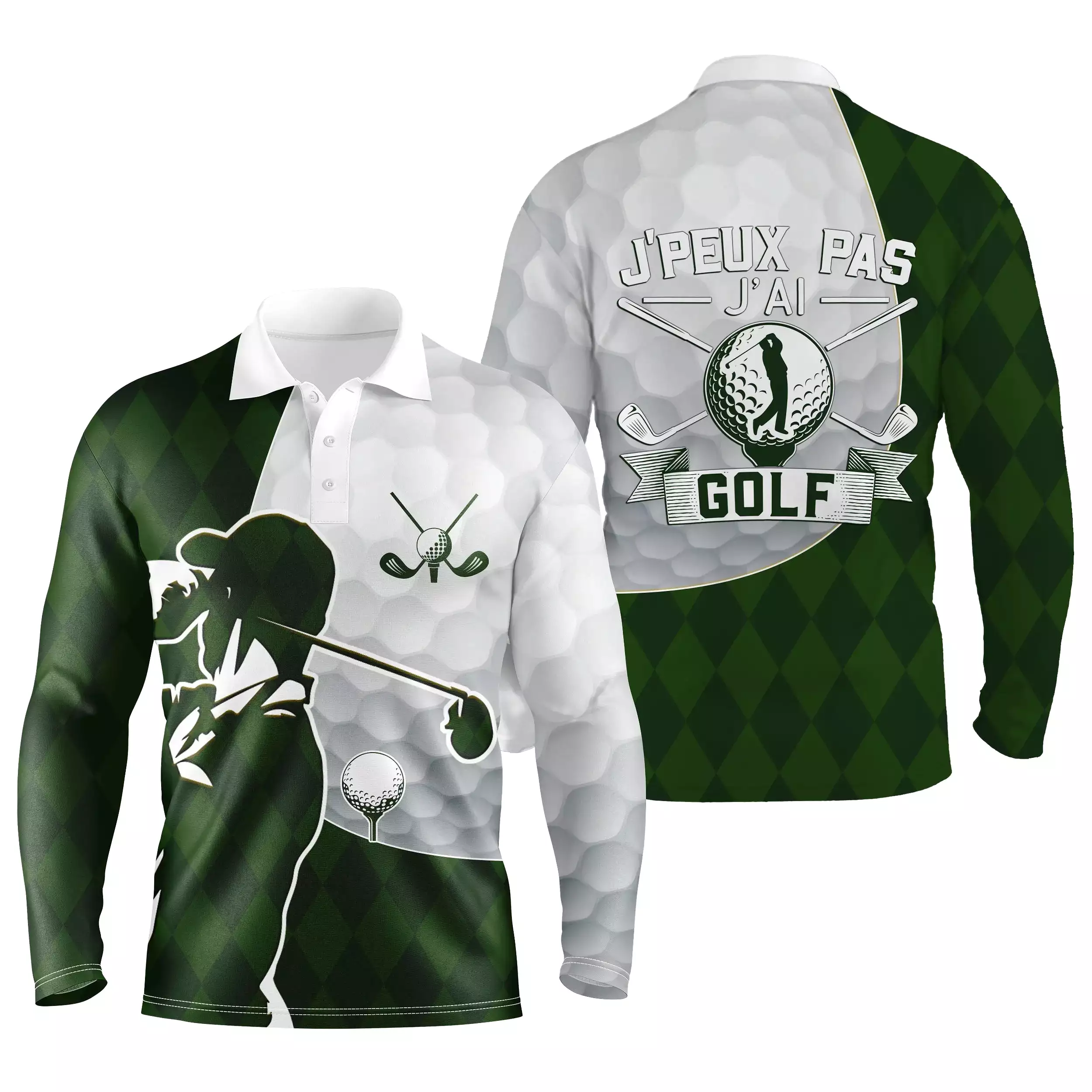 Chiptshirts Polo de Golf, Polo de Sport Manches Longues Homme Femme, Vert Forêt, Motif Balle de Golf, Golfeur, Golfeuse, J'peux 