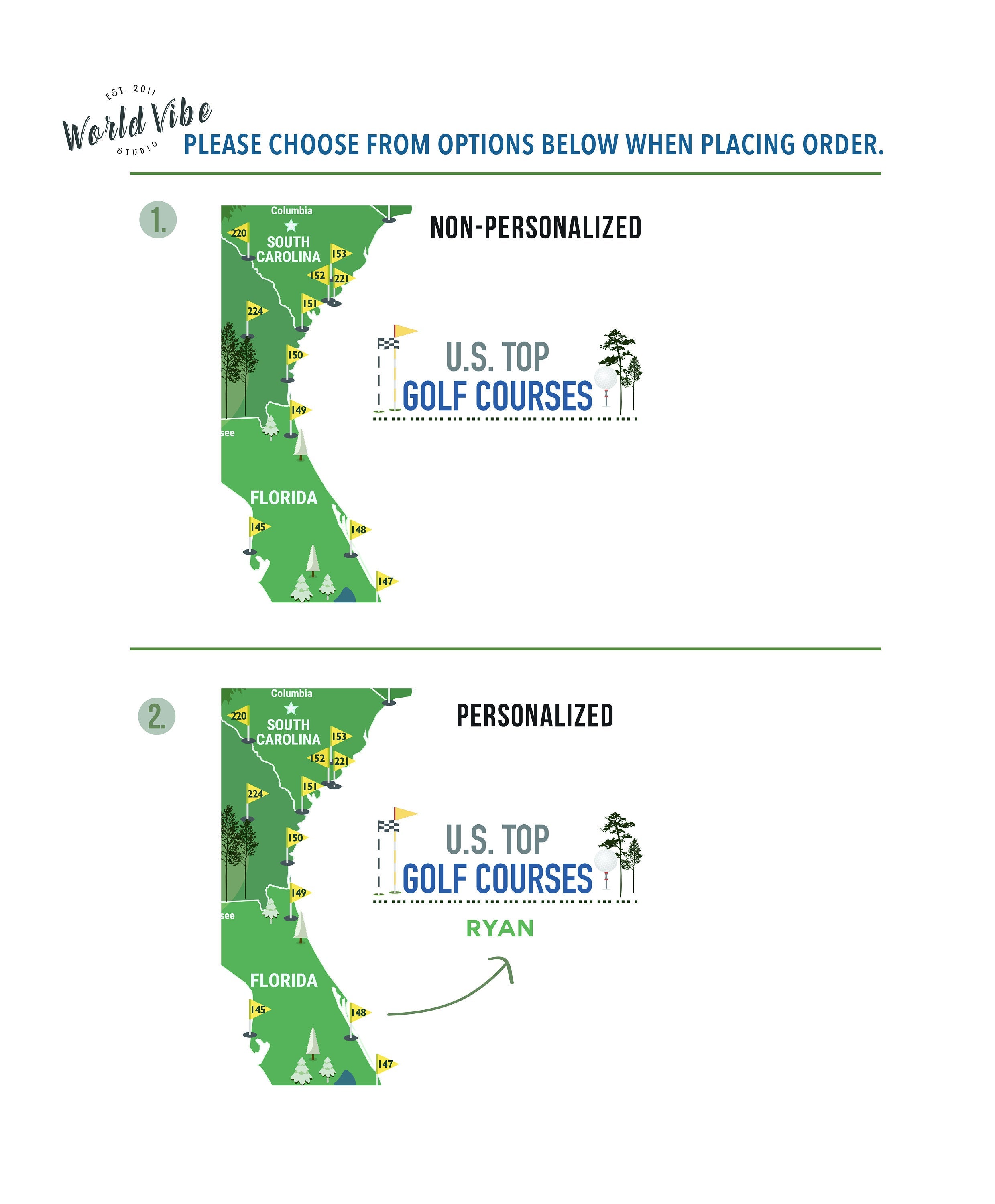 Push Pin Map Board - Golf Courses in USA Framed