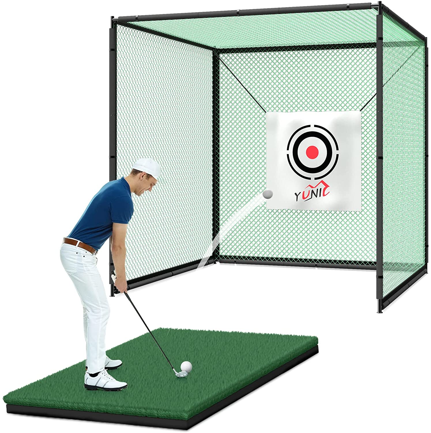 Top Golf Cage (10ft x 10ft x 10ft) Bundle - Includes 3x5 Golf Mat & Golf Accessories