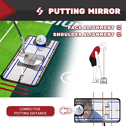 Two-Speed Golf Putting Practice Mat with Putting Alignment Mirror, 20 in X 10 ft Putting Training Aid Mat