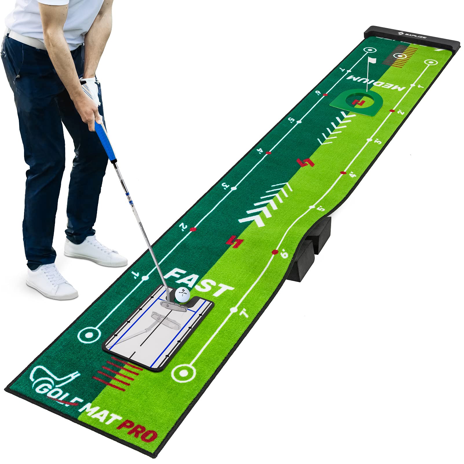 Two-Speed Golf Putting Practice Mat with Putting Alignment Mirror, 20 in X 10 ft Putting Training Aid Mat