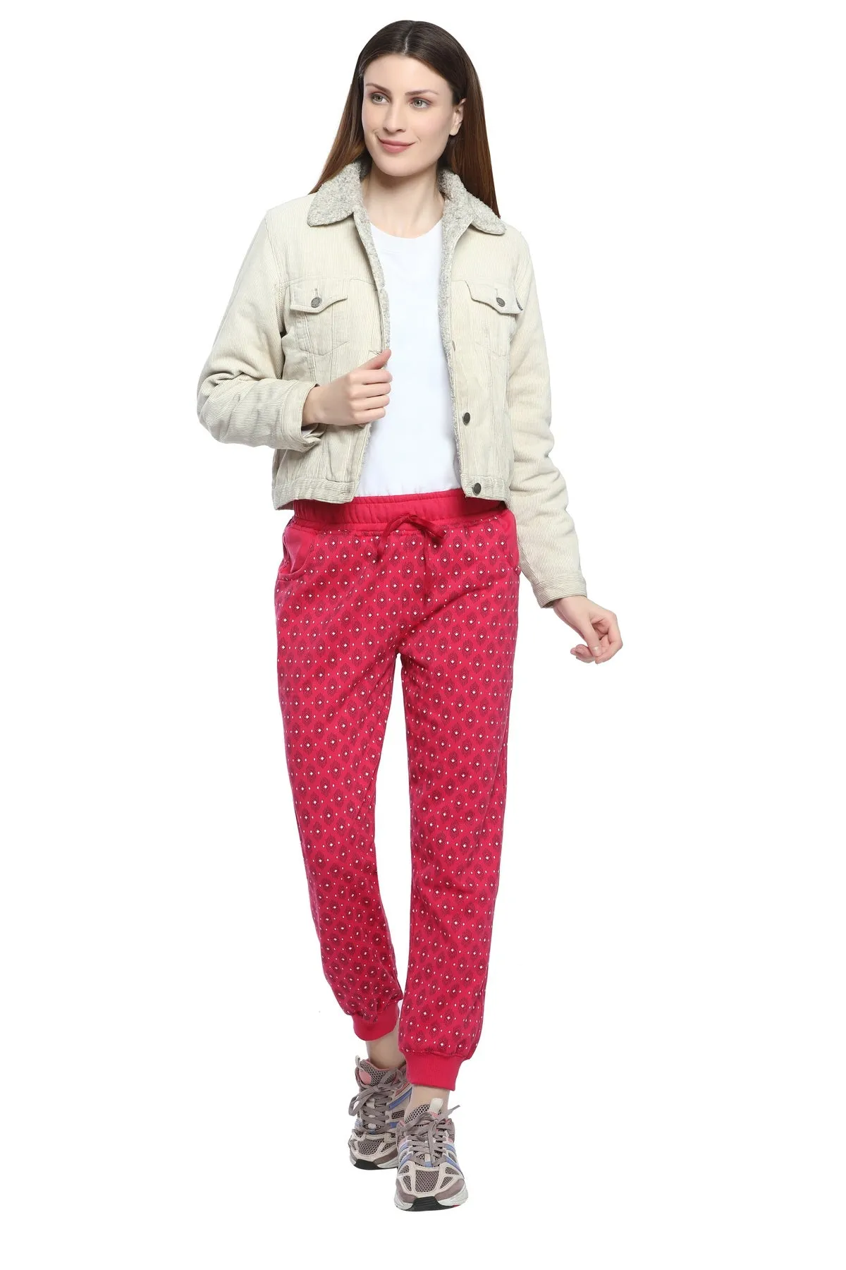 Winter Wear Cotton Fleece Printed Joggers - Pink