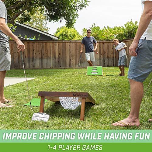 Wooden Golf Cornhole Game SET - Includes Two Targets, 16 Balls, 2 Hitting Mats, Scorecard & Bag